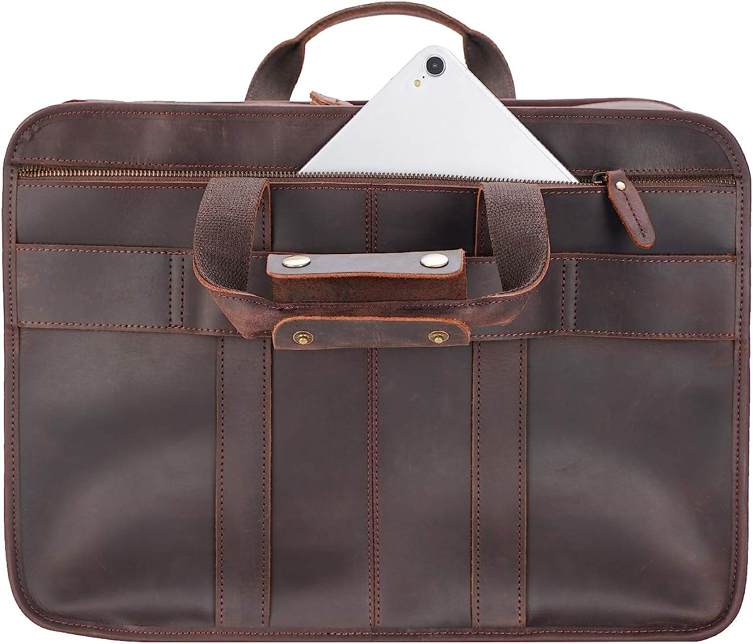 Men's Full Grain Leather Briefcase Large 17 Inch Business Travel Laptop Messenger Bag Tote with YKK Metal Zippers - Image 9